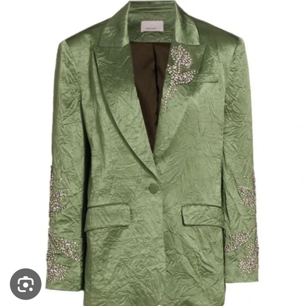 Cinq A Sept Cheyenne Crystal Embellished Crinkled Satin Blazer Jacket Green
